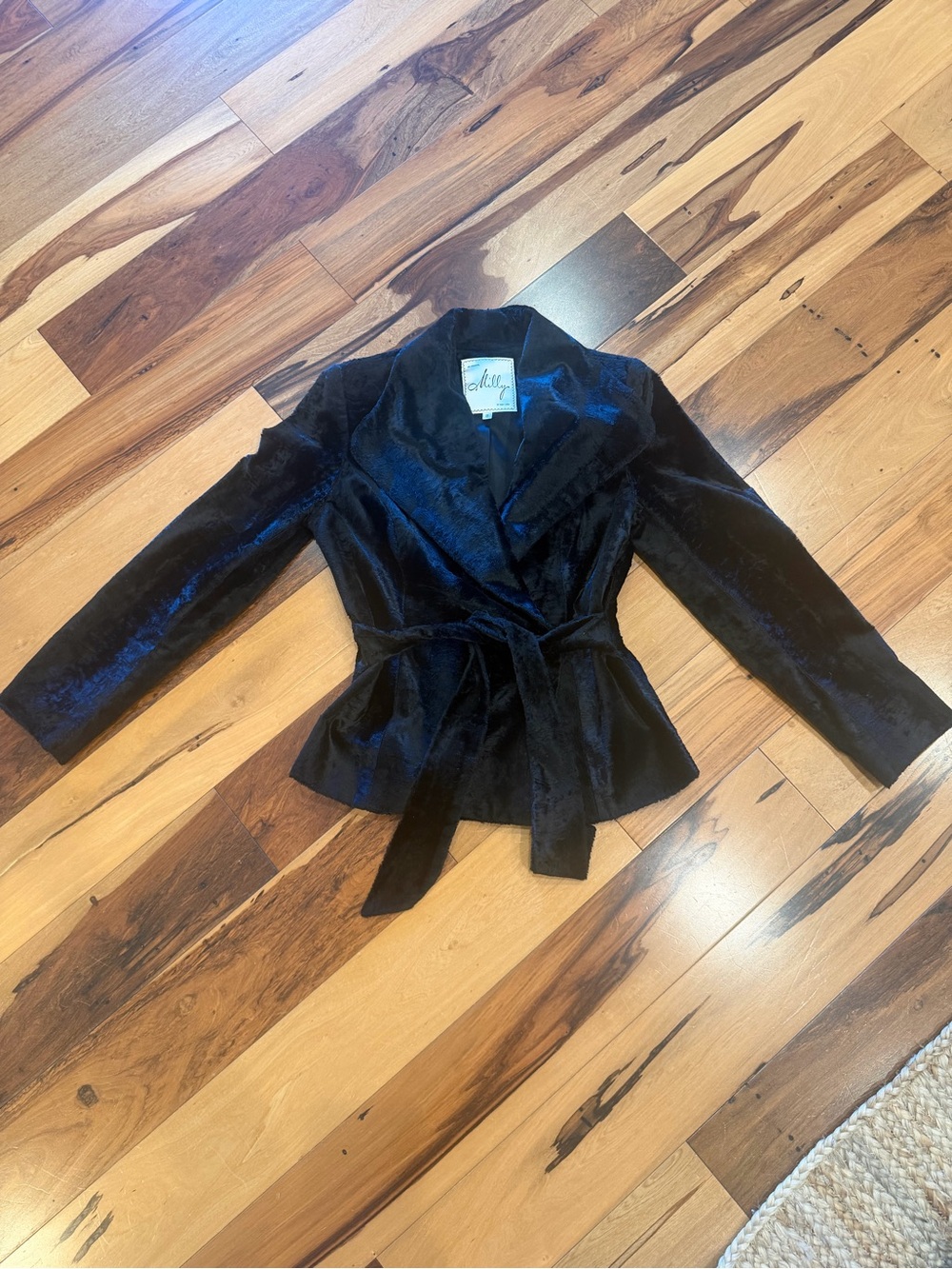 Milly Black Velvet Wrap Jacket with Tie Belt